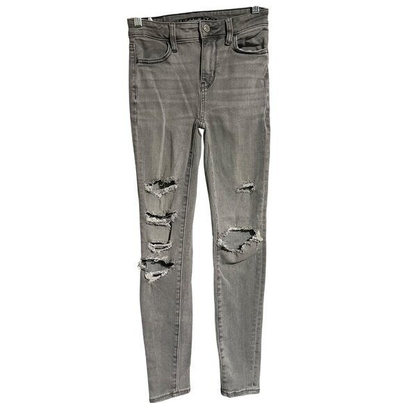 American Eagle High Rise Jegging Stretch Gray Distressed Denim Jeans 000 Short - Picture 1 of 7